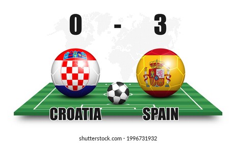 Croatia vs Spain . Soccer ball with national flag pattern on perspective football field . Dotted world map background . Football match result and scoreboard . Sport cup tournament . 3D vector design .