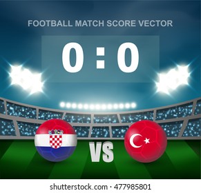 Croatia vs Turkey soccer ball in flag design on stadium background with scoreboard for Europe football qualify. Concept design for match template or banner in vector illustration