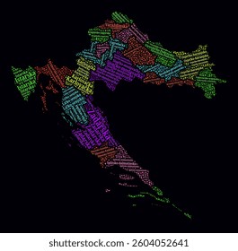 Croatia word cloud. Region names of the country in the Croatian language. Bright neon style design on a dark background. Croatia shape with administrative division. Creative vector illustration.
