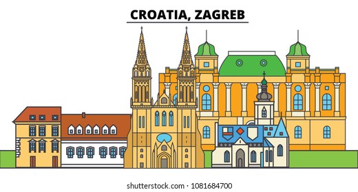 Croatia, Zagreb. City skyline, architecture, buildings, streets, silhouette, landscape, panorama, landmarks. Editable strokes. Flat design line vector illustration concept. Isolated icons