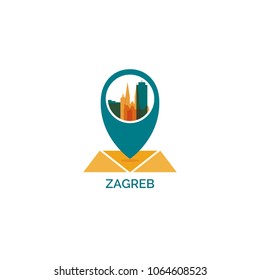 Croatia Zagreb city skyline landscape silhouette vector logo icon. Cool urban map pin point geolocation horizon illustration concept