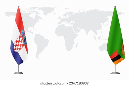 Croatia and Zambia flags for official meeting against background of world map.