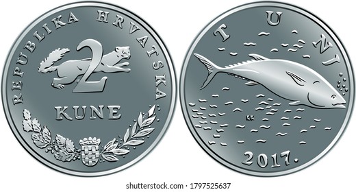 Moneda croata de 2 kunas, atún en reverso, marten, escudo de armas, título del Estado e indicación de valor en reverso, moneda oficial en Croacia