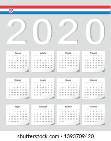 Croatian 2020 vector calendar with shadow angles. Week starts from Sunday.