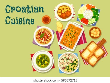 Croatian cuisine lunch icon of squid with potato, meatball in tomato sauce, bean cabbage stew with meat, spinach cream soup, sour cream sauce with vegetables, cheese strudel, cake with custard cream