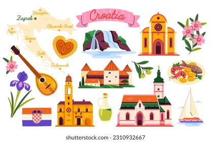 Croatian culture elements. Traditional cuisine, exotic nature, architecture and sights of country. Map with tourist places and attractions. Cartoon flat vector collection isolated on white background svg