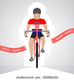 Croatian cyclist in front view crossing red finish line vector isolated illustration