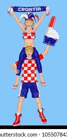Croatian Fans Supporting Croatia Team with Scarf and Foam Finger. All the objects are in different layers and the text types do not need any font. 