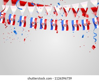 Croatian flags Celebration background template with confetti and red and blue ribbons.