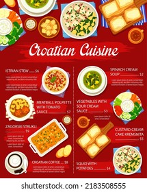 Menú de comida croata con platos, almuerzo y cena, afiche vectorial. Cocina de Croacia calamar tradicional con patatas, estofado de Istrian y crema de crema de crema kremsnita con café croata