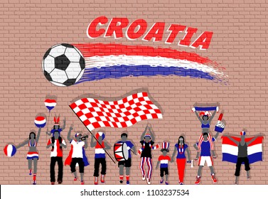 Croatian football fans cheering with Croatia flag colors in front of soccer ball graffiti. All the objects are in different layers and the text types do not need any font. 