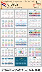 Croatian horizontal Big set of pocket calendars for 2022 (two thousand twenty two). Week starts Sunday. New year. Color simple design. Vector