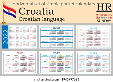 Croatian horizontal set of pocket calendars for 2022 (two thousand twenty two). Week starts Sunday. New year. Color simple design. Vector