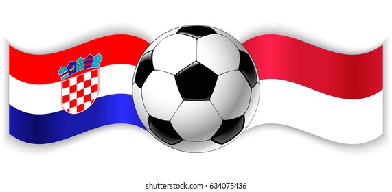 Croatian and Indonesian wavy flags with football ball. Croatia combined with Indonesia isolated on white. Football match or international sport competition concept.