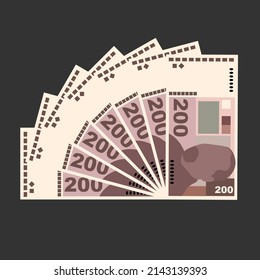 Ilustración del vector kuna croata. Dinero de Croacia pone billetes en paquete. Dinero en papel 200 coronas. Estilo plano. Aislado sobre fondo blanco. Diseño sencillo y mínimo.