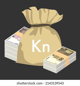 Croatian Kuna Vector Illustration. Croatia money set bundle banknotes. Money bag 100, 200, 500, 1000 HRK. Flat style. Isolated on white background. Simple minimal design.