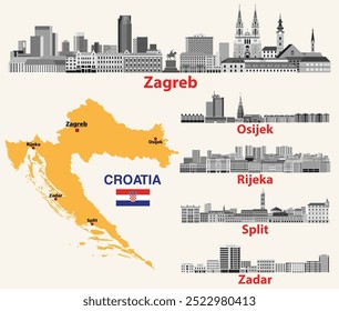 Croatian main cities skylines in grayscale color palette vector set. Map and flag of Croatia. Zagreb, Osijek, Zadar, Rijeka, Split vector illustrations