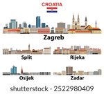 Croatian main cities skylines vector set. Zagreb, Osijek, Zadar, Rijeka, Split vector illustrations