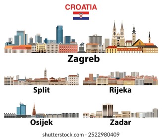 Croatian main cities skylines vector set. Zagreb, Osijek, Zadar, Rijeka, Split vector illustrations