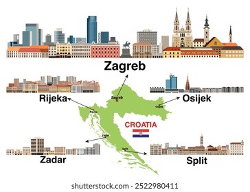 Croatian main cities skylines vector set. Zagreb, Osijek, Zadar, Rijeka, Split vector illustrations. Map and flag of Croatia