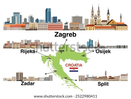 Croatian main cities skylines vector set. Zagreb, Osijek, Zadar, Rijeka, Split vector illustrations. Map and flag of Croatia