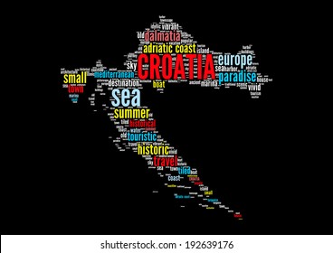 Croatian map word cloud concept - Beautiful mediterranean country - vector illustration