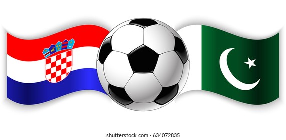 Croatian and Pakistani wavy flags with football ball. Croatia combined with Pakistan isolated on white. Football match or international sport competition concept.