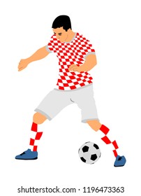 Croatian soccer player in action vector illustration isolated on white background. Football player battle for the ball and position. Member of Croatia national team. Sportsman with ball. Soccer sport 