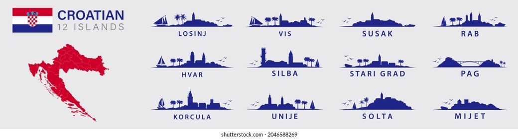 Croatian Vector Silhouettes Graphics in Landscapes with islands. Map of Croatia and flag.  svg