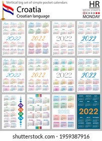 Croatian vertical Big set of pocket calendars for 2022 (two thousand twenty two). Week starts Monday. New year. Color simple design. Vector