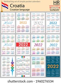 Croatian vertical Big set of pocket calendars for 2022 (two thousand twenty two). Week starts Sunday. New year. Color simple design. Vector