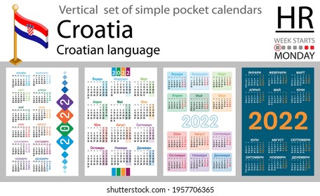 Croatian vertical set of pocket calendars for 2022 (two thousand twenty two). Week starts Monday. New year. Color simple design. Vector