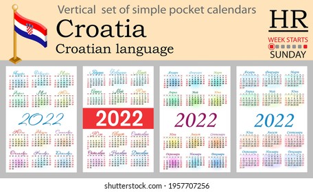 Croatian vertical set of pocket calendars for 2022 (two thousand twenty two). Week starts Sunday. New year. Color simple design. Vector