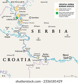 Croatia-Serbia border dispute, political map. Yellow marked Danube area under Serbian control, but claimed by Croatia. Two areas of no mans land are claimed by the micronations Liberland and Verdis.