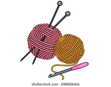 Croc hoohetk, knitting needles and threads - vector full color illustration. Balls of yarn and knitting tools. Set for handmade, hand knitting.