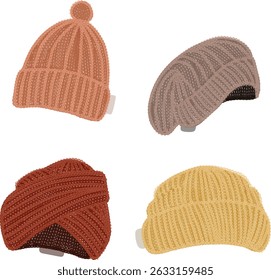Crochê beanies vetor arte. Beanie cap tricô desenho.