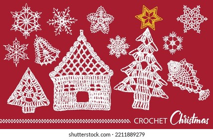 Crochet Decorative Muster Set für die Weihnachten und Neujahr Publikationen. Handgezeichnet, einzelne Vektorgrafik.