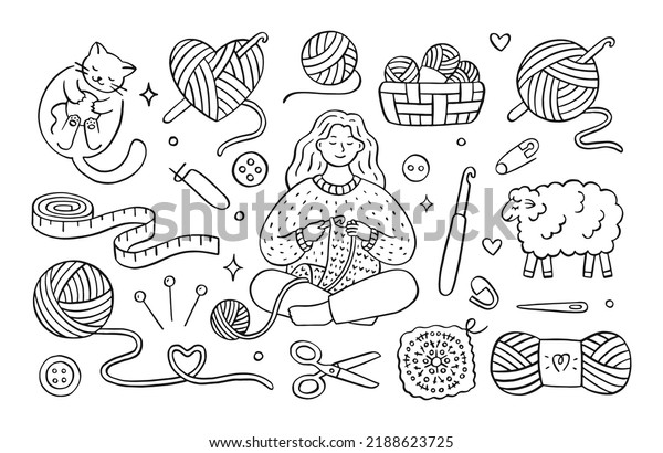Crochet doodle\
illustration of girl knitting clothes, cat playing with wool yarn\
ball, sheep, hook, skein. Hand drawn cute line art about handmade.\
Drawing for coloring