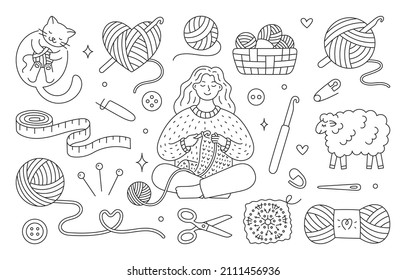 Crochet doodle illustration including - girl knitting clothes, cat playing with wool yarn ball, sheep, hook, skein. Hand drawn cute line art about handmade. Drawing for coloring. Editable Stroke