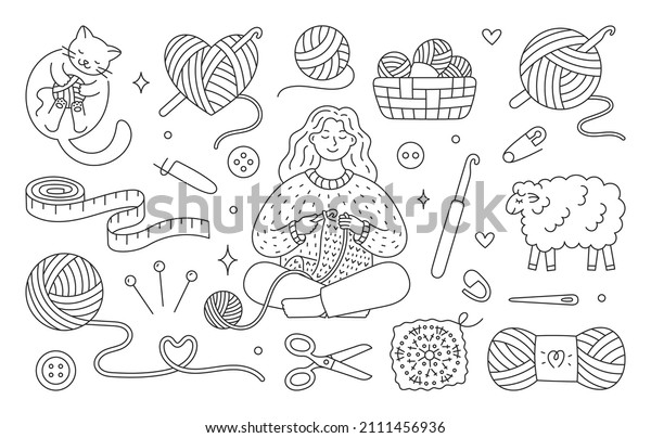 Crochet doodle illustration including - girl\
knitting clothes, cat playing with wool yarn ball, sheep, hook,\
skein. Hand drawn cute line art about handmade. Drawing for\
coloring. Editable\
Stroke