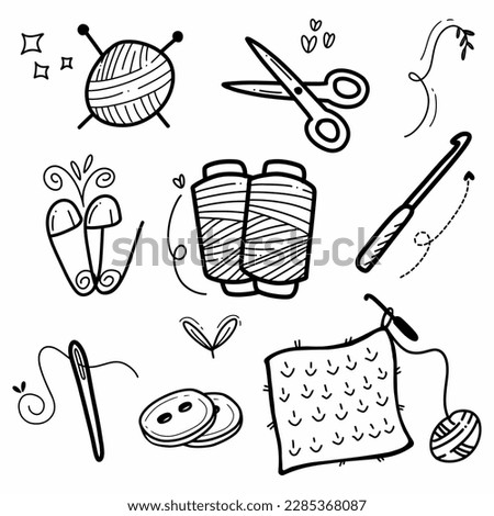 Crochet doodle illustration, scissors, wool yarn ball, hook, skein, button, pin, needle and thread. Hand drawn cute line art about handmade. Drawing for coloring. knitting doodle.