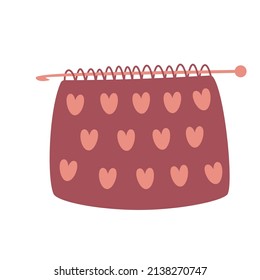 Crochet Fabric With Hearts And Crochet Hook. Vector Flat Illustration, Isolated, Cartoon, Clipart.