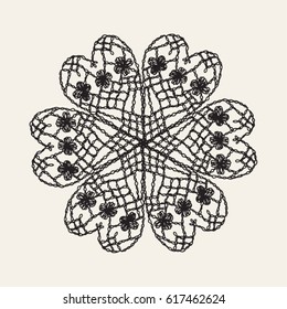 Crochet flower lace rosette isolated fashion item is handmade, a circular pattern in the form of napkins vector illustration