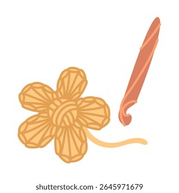 Flor de crochê. Objeto macio e gancho de madeira. Tema isolado artesanal. Atmosfera aconchegante. Ilustração em cores planas. Para sites sobre tricô, artesanato, aplicativos, blogs, produtos impressos ou itens de hobby