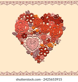 Crochet hearts, crafts embroidery, knitting elements with an ethnic pattern, a set of lace hearts for Valentine, made with love. Floral braided pattern with flowers and leaves.