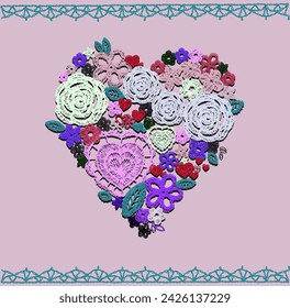 Crochet hearts, crafts embroidery, knitting elements with an ethnic pattern, a set of lace hearts for Valentine, made with love. Floral braided pattern with flowers and leaves.