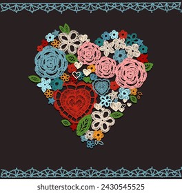 Crochet hearts, crafts embroidery, knitting elements with an ethnic pattern, a set of lace hearts for Valentine, made with love. Floral braided pattern with flowers and leaves.