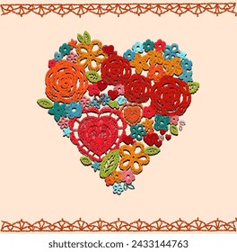 Crochet hearts, crafts embroidery, knitting elements with an ethnic pattern, a set of lace hearts for Valentine, made with love. Floral braided pattern with flowers and leaves.