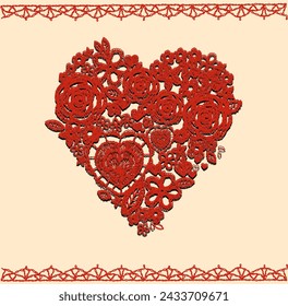 Crochet hearts, crafts embroidery, knitting elements with an ethnic pattern, a set of lace hearts for Valentine, made with love. Floral braided pattern with flowers and leaves.