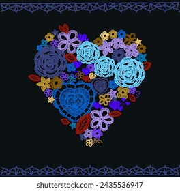 Crochet hearts, crafts embroidery, knitting elements with an ethnic pattern, a set of lace hearts for Valentine, made with love. Floral braided pattern with flowers and leaves.